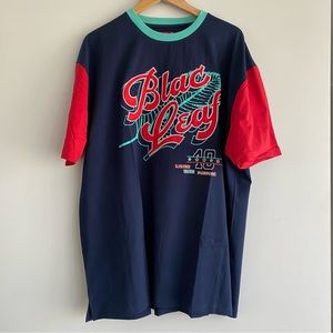 Men’s Short Sleeve Baseball Tee Blac Leaf Print Blue Blac Leaf Size 3XL